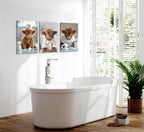 3Pcs Funny Highland Cow Bathroom Canvas Wall Art Brown Cute Animal Picture Wall Decor Cow Baby Rustic Farmhouse Poster Print Artwork for Children's Room Nursery Bathroom Restroom Home Decoration