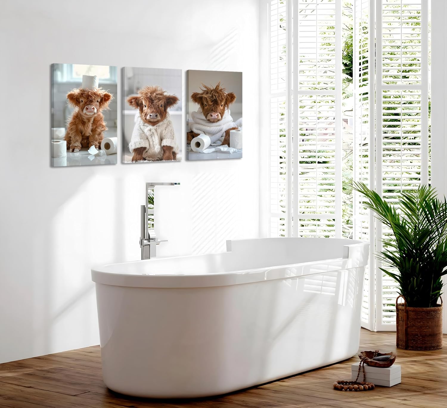 3Pcs Funny Highland Cow Bathroom Canvas Wall Art Brown Cute Animal Picture Wall Decor Cow Baby Rustic Farmhouse Poster Print Artwork for Children's Room Nursery Bathroom Restroom Home Decoration