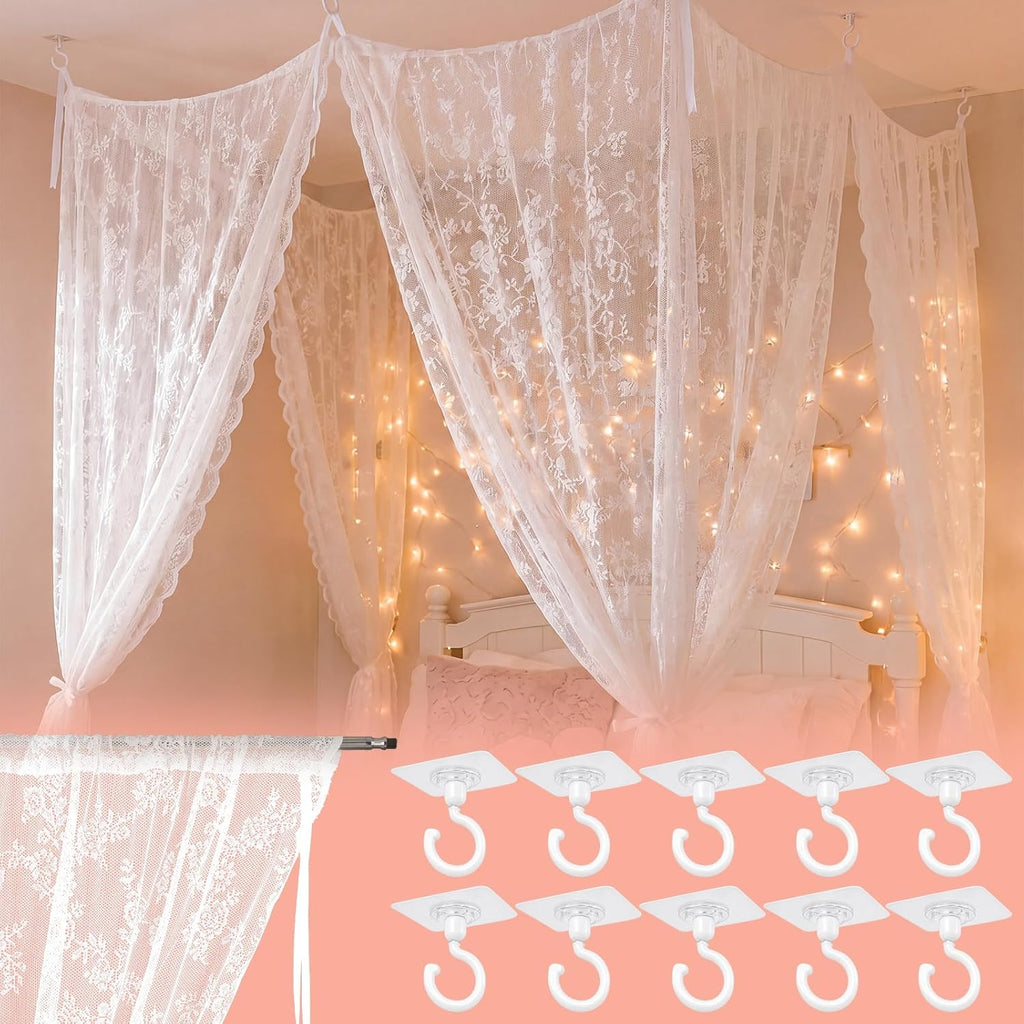 8 Panels Lace Bed Canopy Curtains with 10 Ceiling Hooks 40 x 84 and 30 x 84 Inch Curtains for Queen Size Bed Dorm Bedroom No Drill Romantic White Lace Canopy Tie Top DIY Setup