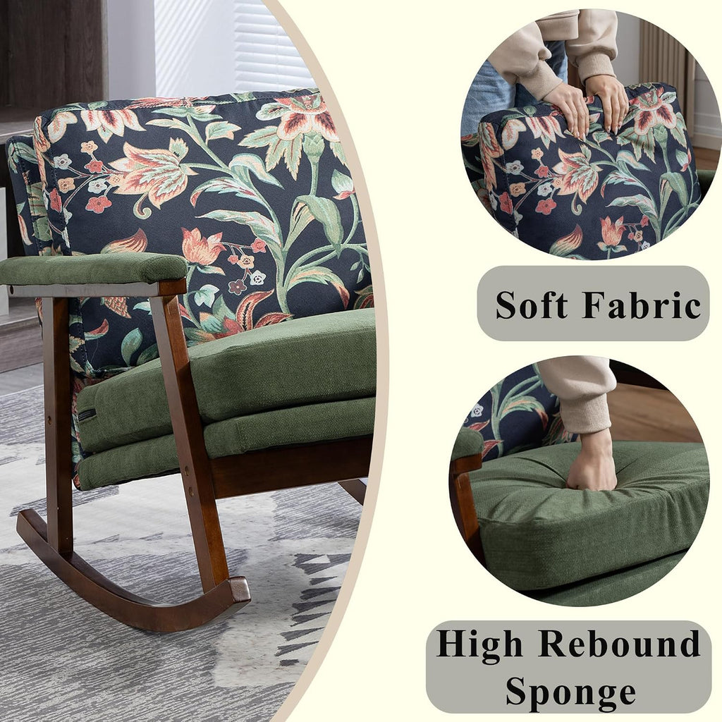 Rocking Chair Nursery with Sponge Cushion, Comfortable Accent Chair with Lumbar Support, Glider Armchair with Removable Seat & Back Pad for Living Room Bedroom Office Sunroom Indoor, Antique Green