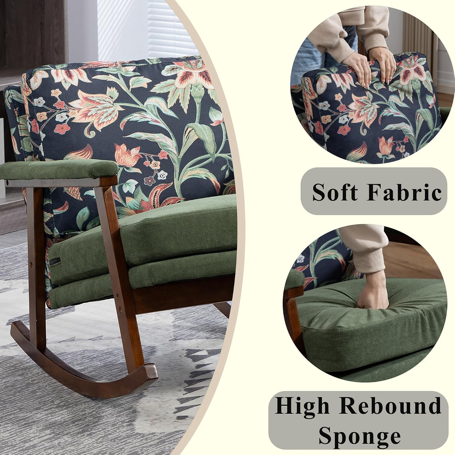 Rocking Chair Nursery with Sponge Cushion, Comfortable Accent Chair with Lumbar Support, Glider Armchair with Removable Seat & Back Pad for Living Room Bedroom Office Sunroom Indoor, Antique Green