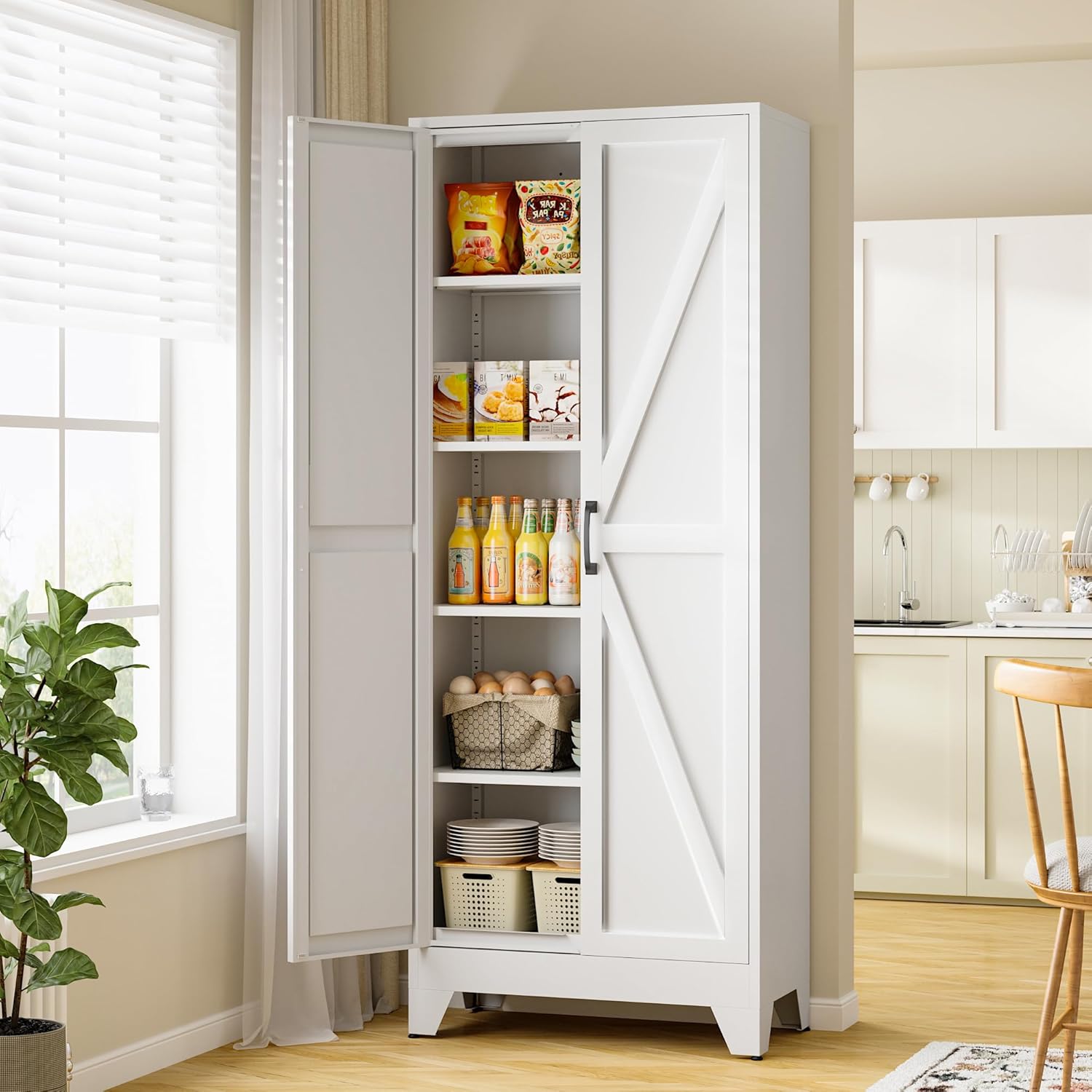 RAVIGIN Farmhouse Storage Cabinet,72" H Metal Pantry Cabinet with Barn Doors and Adjustable Shelves,72" H 6-Tier Rustic Pantry Organizers for Kitchen,Dining Room,White