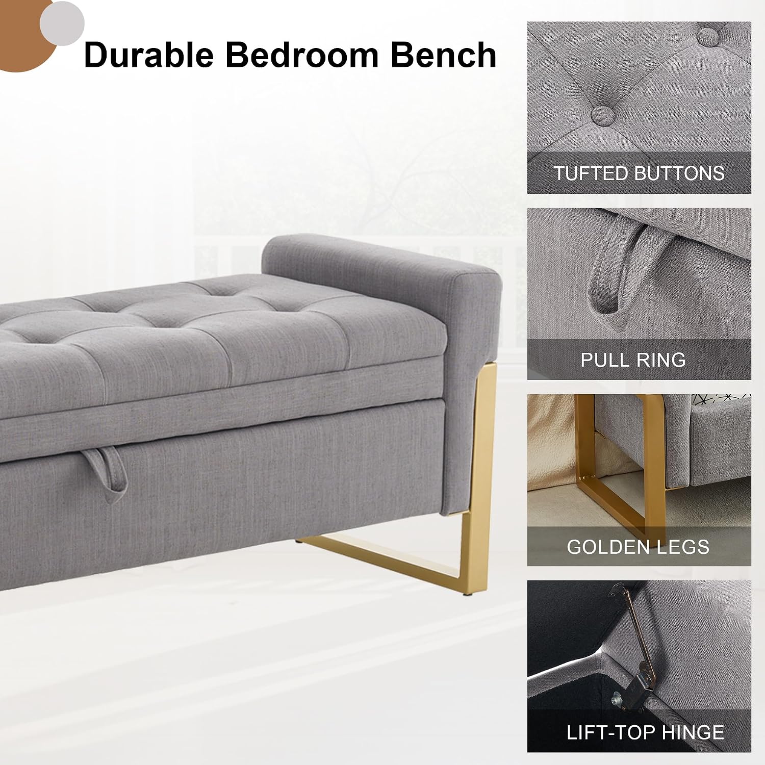 57" Storage Ottoman Bench，Upholstered Linen End of Bed Bench Entryway Storage Bench for Living Room,Light Grey