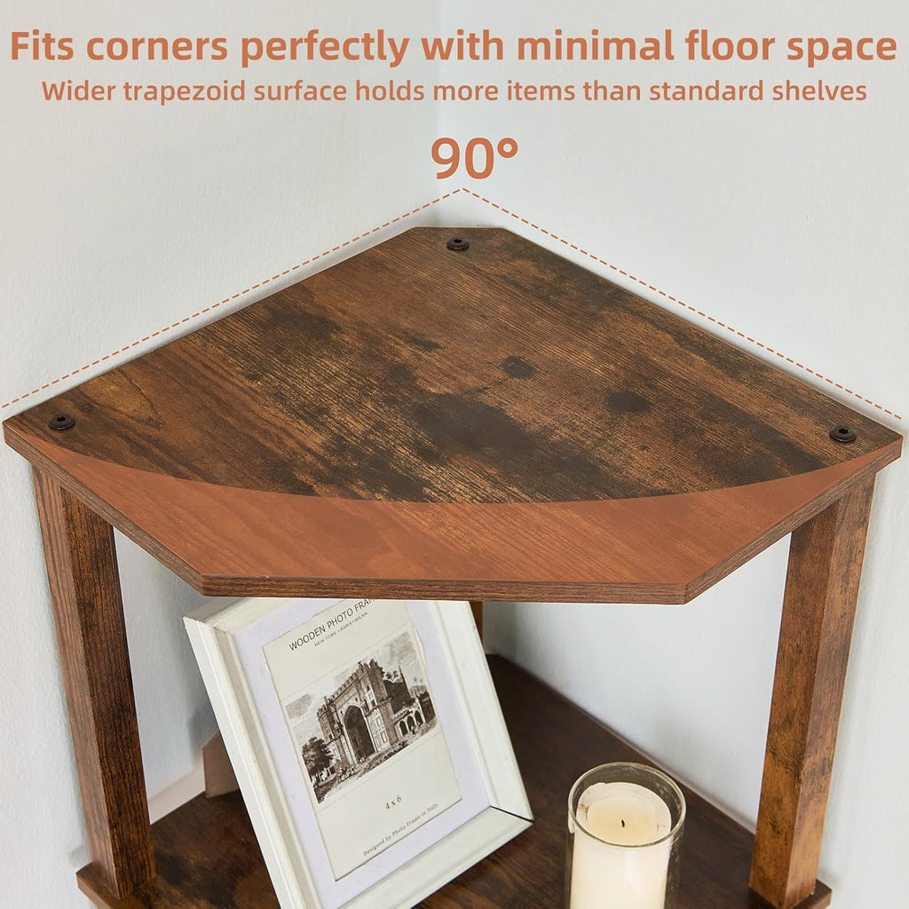 YUFAM 3-Tier Corner Shelf with Sturdy 5-Leg Base, Wooden Corner Bookshelf for Small Spaces, Small Corner Table for Living Room, Bedroom, Office, Brown
