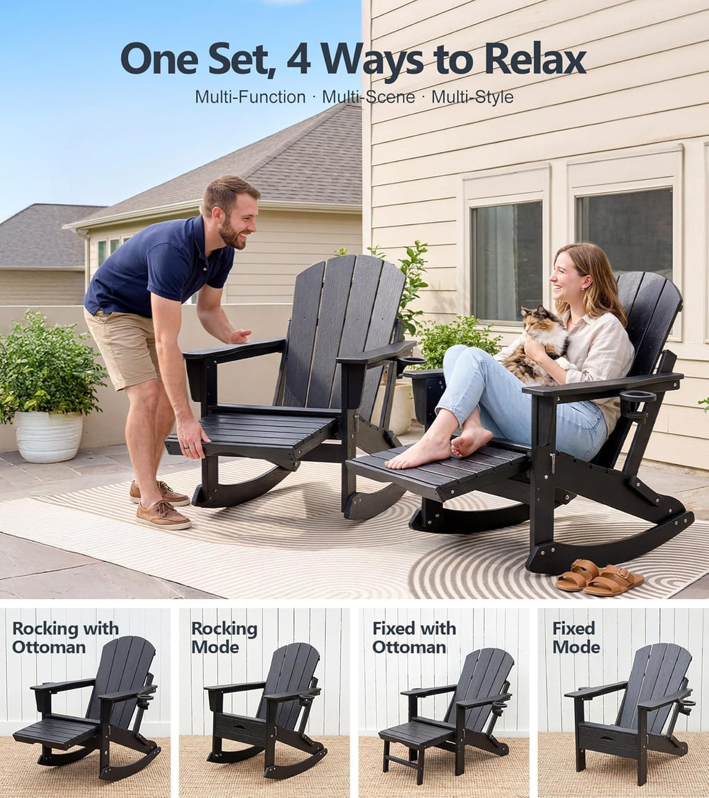 PASAMIC Adirondack Rocking Chairs Set of 2, Foldable All-Weather HDPE Patio Rockers with Retractable Ottoman & Cup Holder, Outdoor Chairs for Porch Backyard Pool Garden Balcony, Jet Black