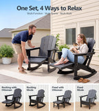 PASAMIC Adirondack Rocking Chairs Set of 2, Foldable All-Weather HDPE Patio Rockers with Retractable Ottoman & Cup Holder, Outdoor Chairs for Porch Backyard Pool Garden Balcony, Jet Black