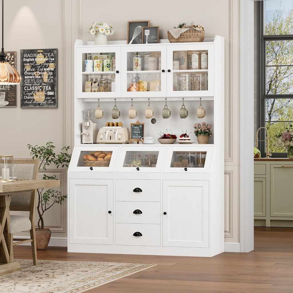 HIFIT 71.4” H Farmhouse Pantry Cabinet with 3 Bread Boxes and 7 Metal Hooks, 47.2” Wide Kitchen Hutch Cabinet with Storage and Glass Doors, White