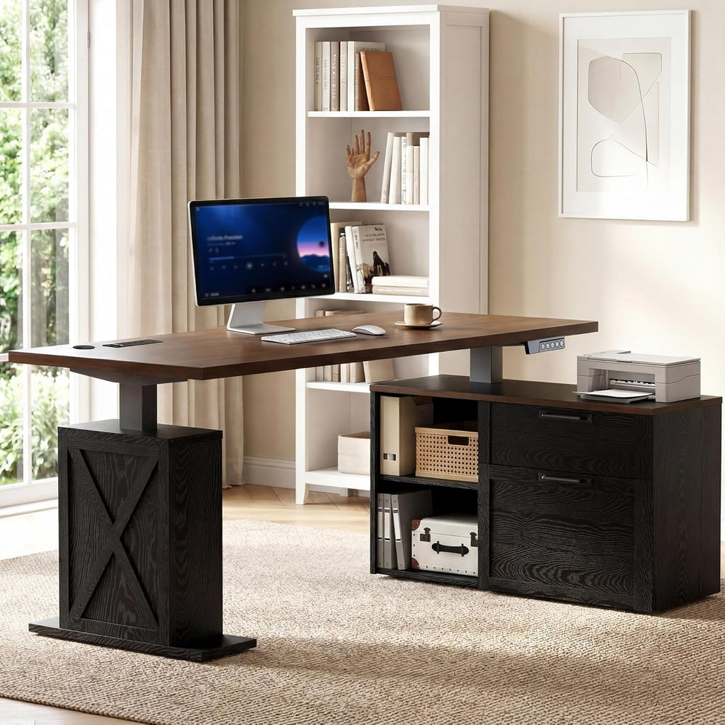 67" L Shaped Standing Desk with Drawers, Electric Height Adjustable Corner Desk, Sit Stand Office Desk with 4 AC Outlets & Type C Port, Executive Computer Desk with Cabinet, Brown & Black