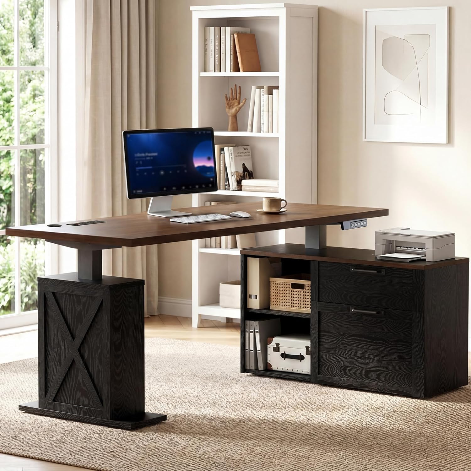 67" L Shaped Standing Desk with Drawers, Electric Height Adjustable Corner Desk, Sit Stand Office Desk with 4 AC Outlets & Type C Port, Executive Computer Desk with Cabinet, Brown & Black