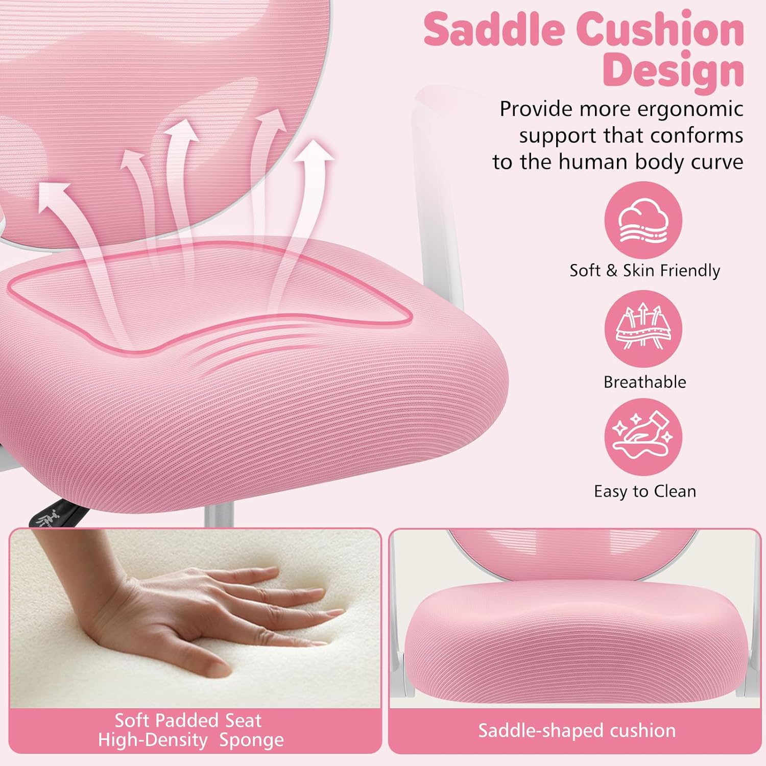 HOFFREE Kids Desk Chair Ergonomic Study Chair with Flipped Armrest and Footrest Adjustable Height Swivel Kids Computer Chair Mesh Desk Chair for Boys Girls Children at Home Bedroom Study Room Pink