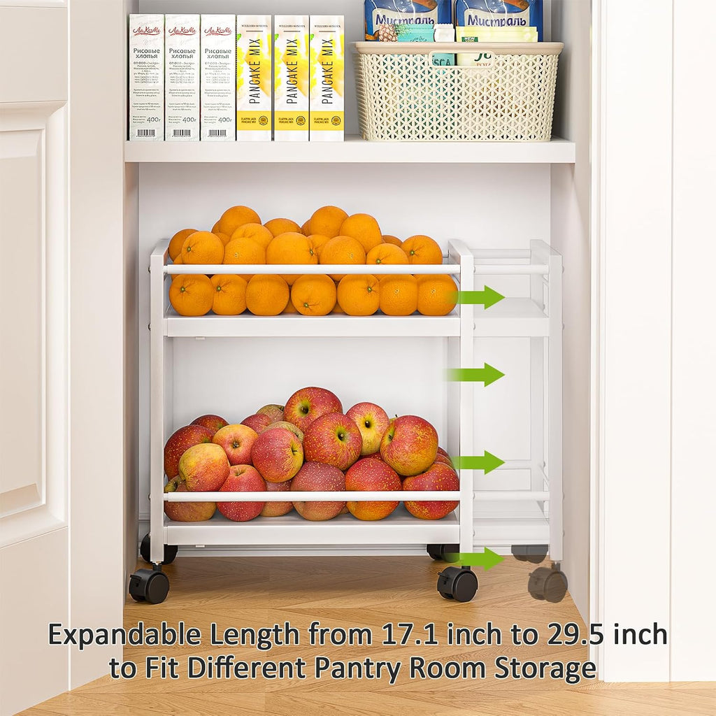1 Pack 2-Tier Expandable Pantry Floor Organizer Cart, Rolling Pantry Storage Cart with Wheel, Adjustable Can Organizer for Kitchen Pantry, Pantry Shelves and Storage Rack for Snacks, Vegetables, White