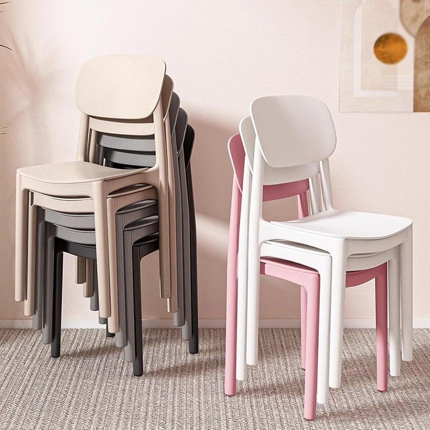 Plastic Stacking Chairs -Ergonomic Dining Stool Khaki-One-Piece Chairs,Sturdy, Seamless,Armless,high Back Support（1 Piece）(Black)