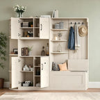 KEIKI Multifunction Entryway Storage Cabinet Set with Bench, Modular Hallway Organizer with Hooks, Open Shelves, Hidden Storage, Farmhouse Accent Cabinet for Living Room, Kitchen, Entryway, Beige
