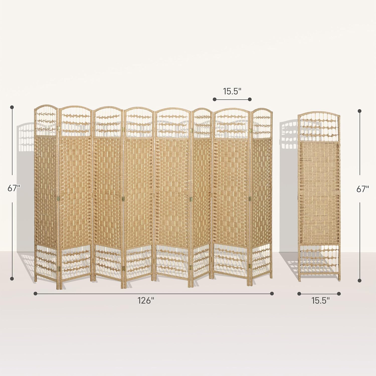 HOMCOM 8 Panel Room Divider, Folding Privacy Screen, 5.6' Room Separator, Wave Fiber Freestanding Partition Wall Divider, Natural