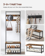VASAGLE Hall Tree with Bench and Shoe Storage, Entryway Bench with Coat Rack Stand and Shoe Rack, 9 Movable Hooks, Top Bar, Fabric Shelves, Industrial, Rustic Brown and Black UHSR411B01