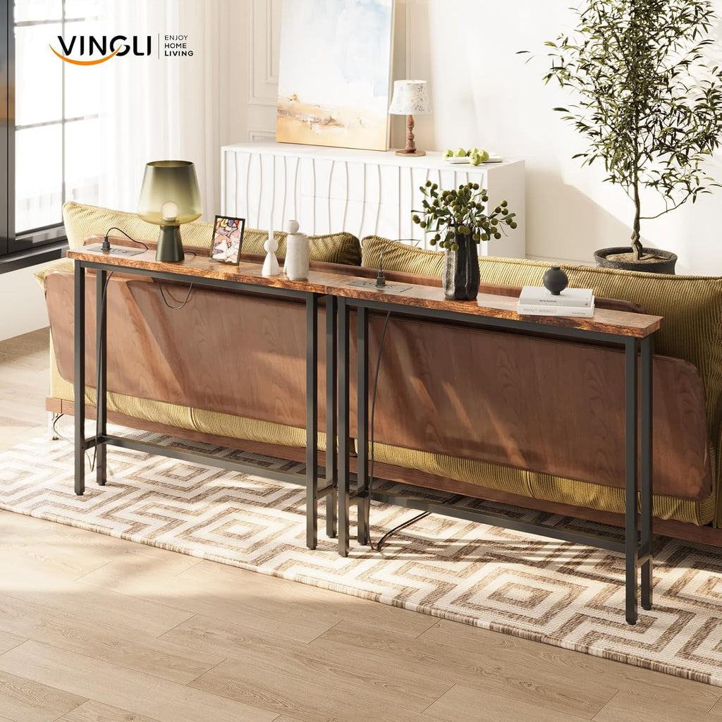 VINGLI 79" Console Table with Power Outlet, 5.9" Narrow Sofa Table Set of 2, Entryway Table with Charging Station & 4.9 Ft Extension Cord & Adjustable Feet, for Living Room, Hallway, Rustic Brown