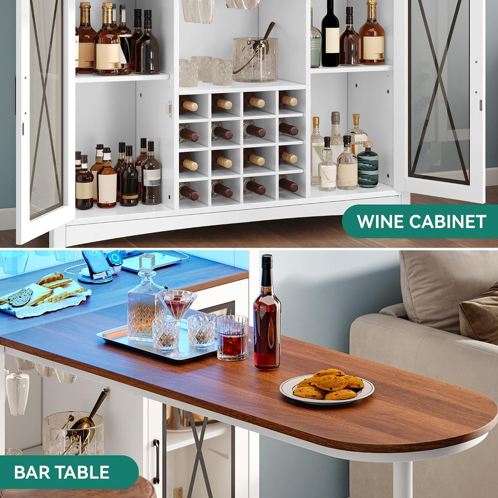 YITAHOME Mini Home Bar Unit with Wine Bar Cabinet & LED Light, Tall Height Large Bar Table with Wine Rack, Farmhouse Coffee Cabinet with Storage Glasses Hanger Footrest for Home Kitchen Pub, White