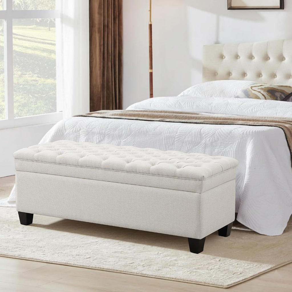 50" Storage Ottoman Bench, Rectangular End of Storage Bench, Upholstered Large Fabric Tufted Ottoman with Storage for Living Room, Bedroom, Entryway,Wihte