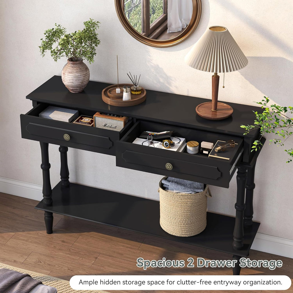 Console Table with 2 Drawers & Open Shelf, Black Retro Entryway Table with Storage Cabinets, Narrow Long Couch Table Behind Sofa for Living Room, Foyer, Hallway