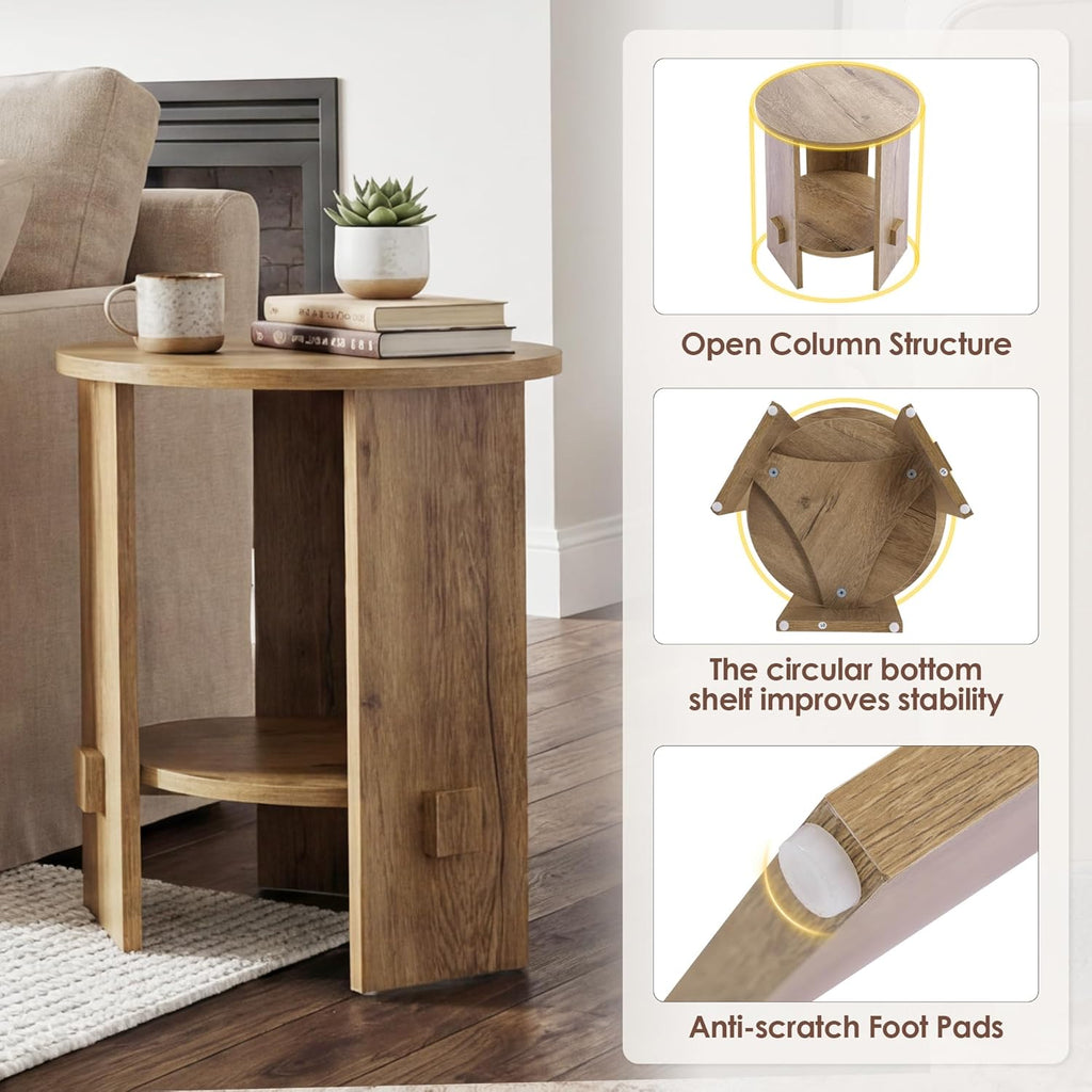 Round End Table with 2-Tier Storage, 15.5” Small Side Table for Living Room, Modern Nightstand with Open Shelf, Compact Accent Table for Bedroom, Sofa Side, Small Spaces (Natural)