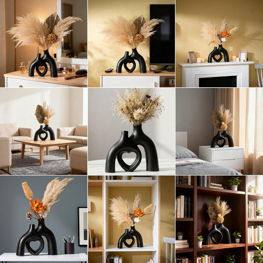 Liotww Hug Donut Ceramic Decorative Vase Set, Snuggle Hollow Modern Nordic Boho Style Vases for Home Decor Living Room Shelf Bookshelf Mantle Entryway Table Console Décor (Matte Black)