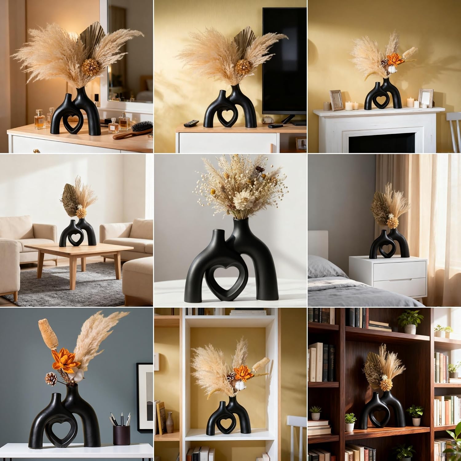 Liotww Hug Donut Ceramic Decorative Vase Set, Snuggle Hollow Modern Nordic Boho Style Vases for Home Decor Living Room Shelf Bookshelf Mantle Entryway Table Console Décor (Matte Black)