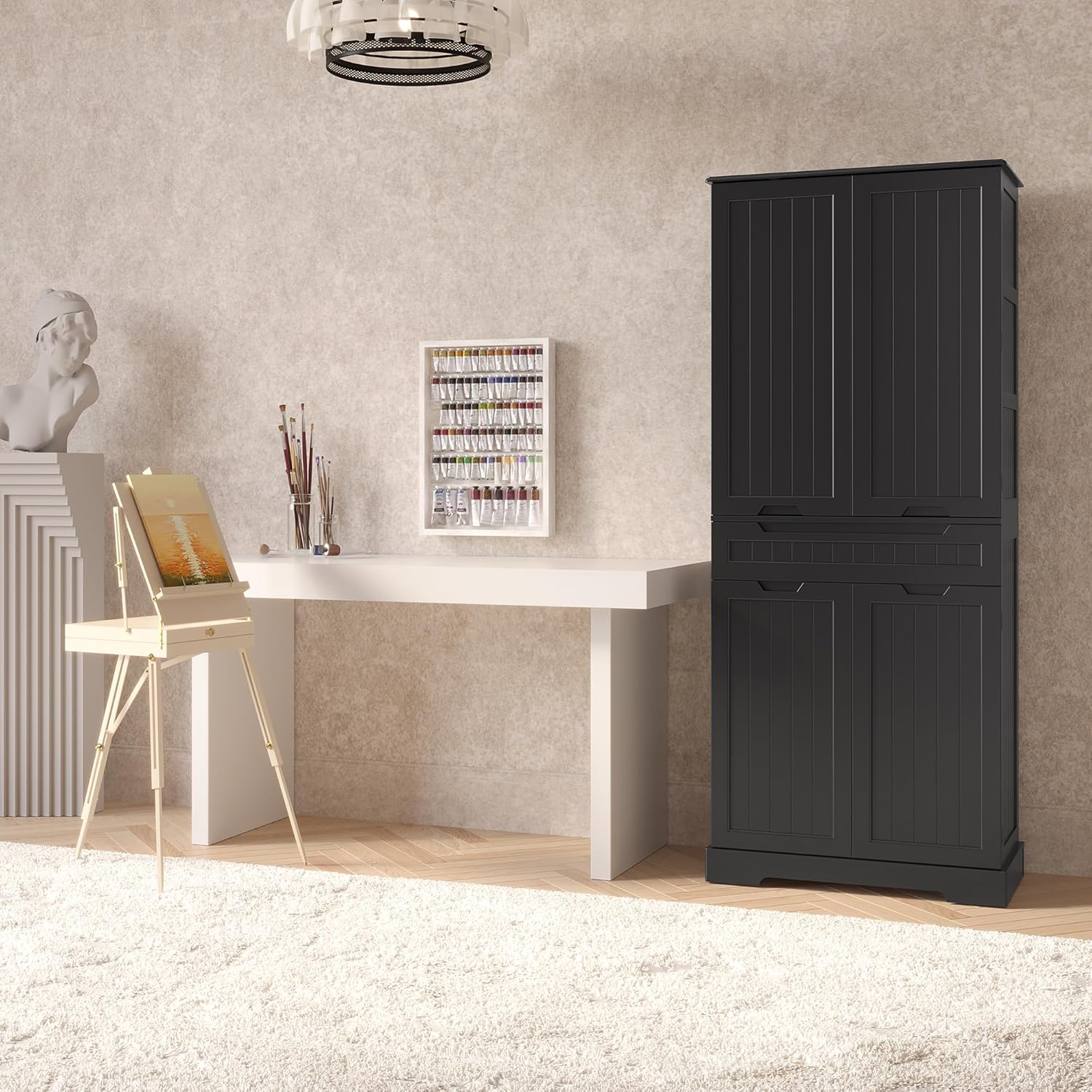 Gizoon 71" Tall Kitchen Pantry Cabinet with Doors and Adjustable Shelves, 5-Tier Multipurpose Pantry Storage Cabinet with Drawer Freestanding Organizer for Small Kitchen Bathroom Laundry Room, Black