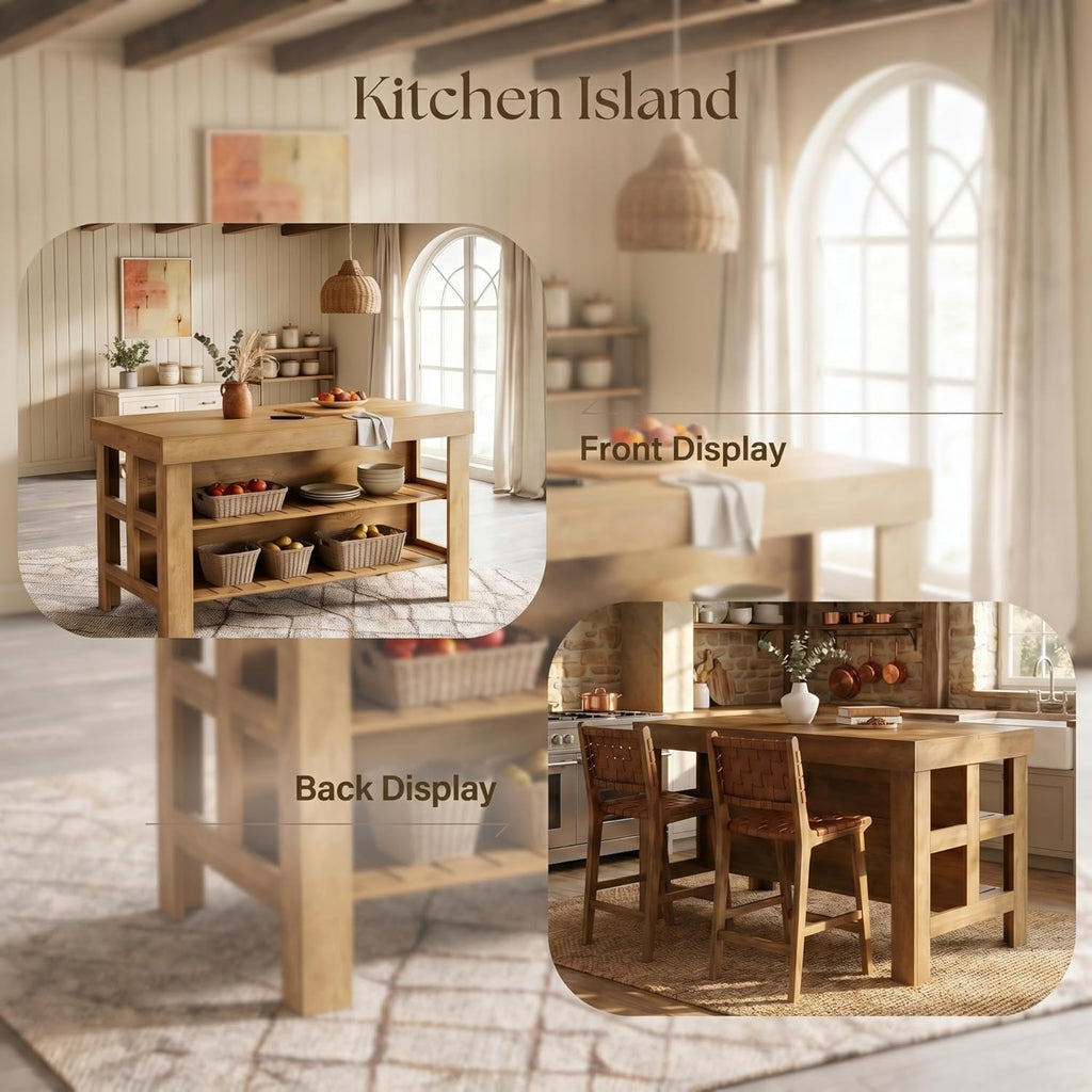 Tribesigns 55.1-Inch Kitchen Island with Seating and Storage, 3-Tier Large Farmhouse Island Table with Large Countertop and Leg Room for Kitchen Dining Room (Rustic Brown)