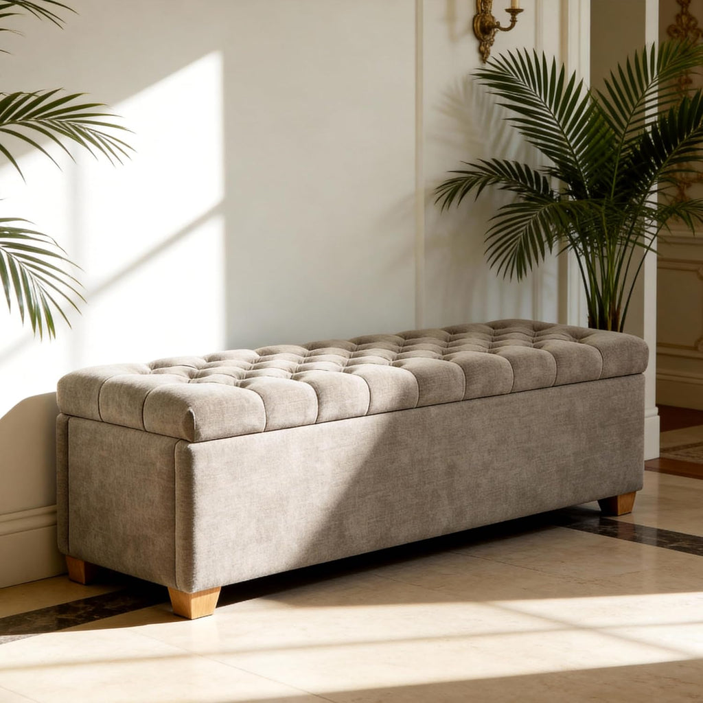 Aoiy & Wifon 60.2'' W Storage Ottoman Bench, Chenille Upholstered Ottoman with Storage, End of Bed Storage Bench with Wood Legs for Bedroom, Entryway, Window, Living Room, Taupe
