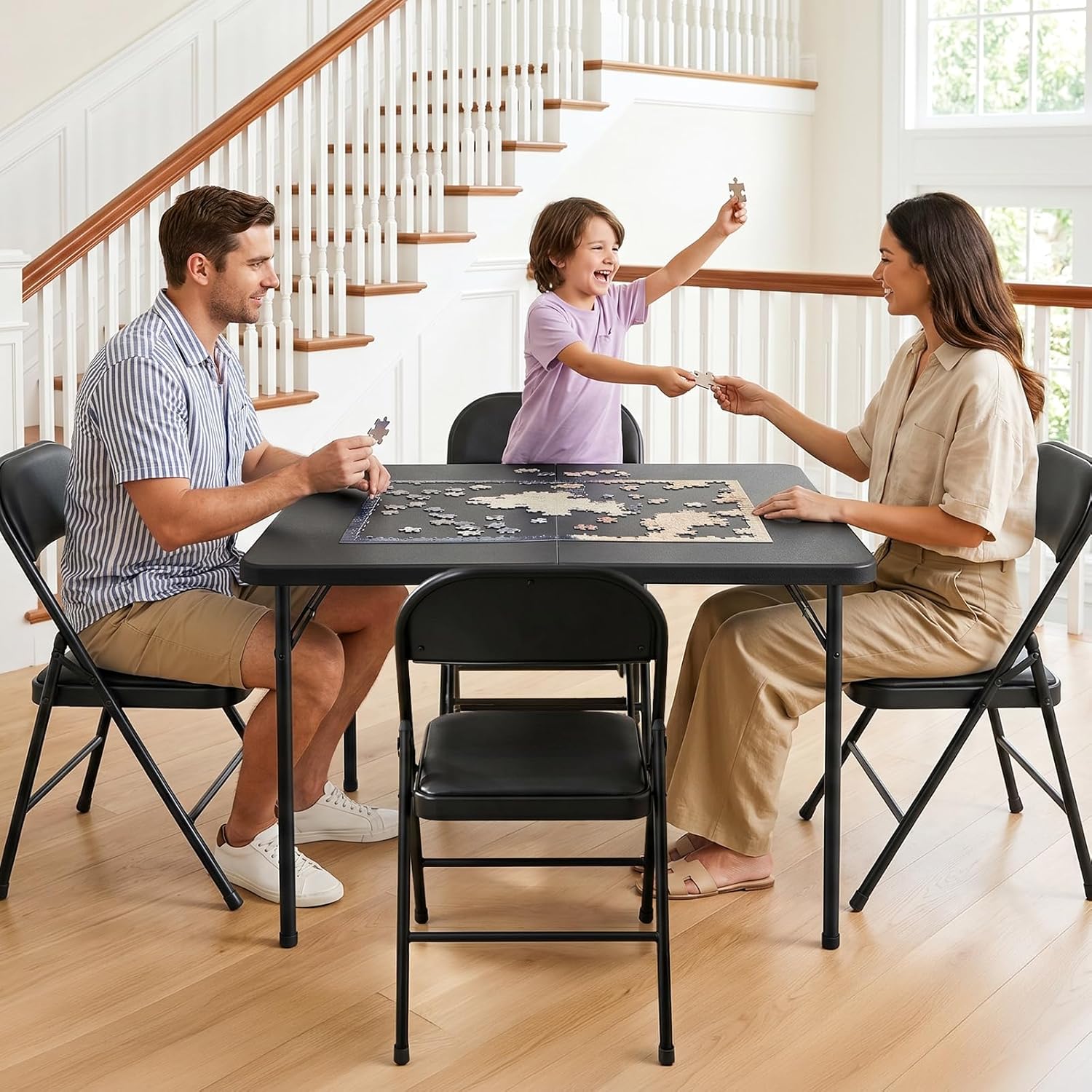 Folding Table and Chairs Set for 4, 36 Inch Foldable Card Table with Carrying Handle & 4 PU Leather Padded Folding Chairs, Portable Indoor Outdoor Dining Table Set for Picnic, Camping, RV, Game Night