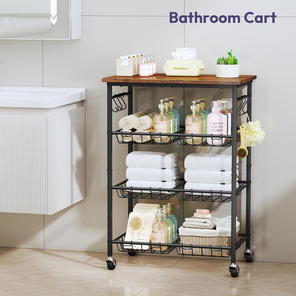 SWTYMIKI 24.4''x15.7'' Rolling Microwave Cart - 4 Tier Microwave Table Stand with 6 Storage Baskets, Coffee Bar with Wheels, Kitchen Utility Cart Shelf Rack Organizer for Vegetables, Potato, Brown