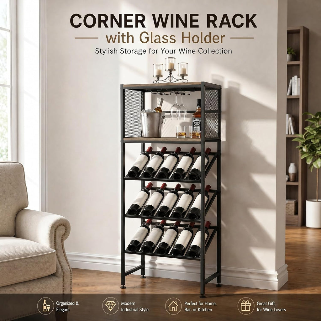 3-Tier Wine Rack Freestanding Floor with Glass & Storage Racks | Space-saving corner wine bar cabinet, sturdy build for kitchen, living room & home bar, stores wine bottles & bar accessories