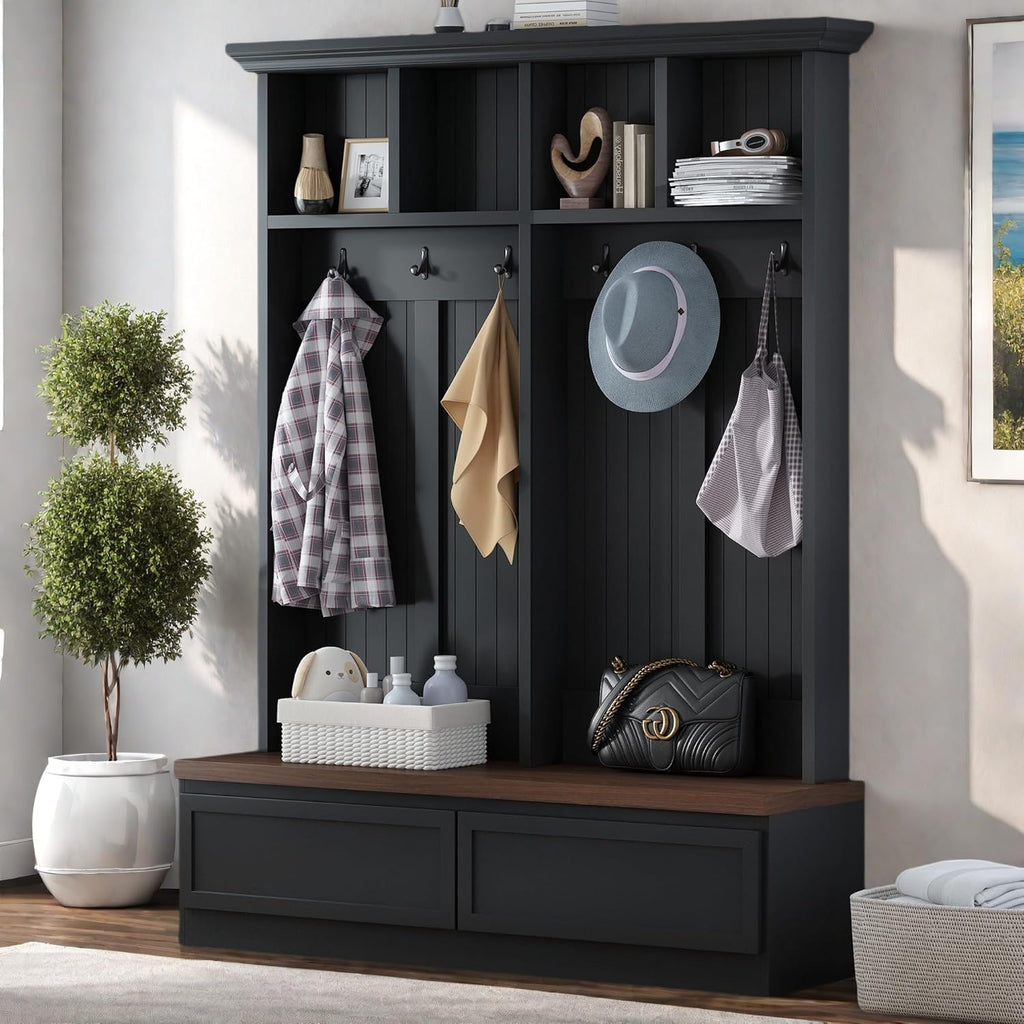 Merax Wood Hall Tree with 6 Hooks & Entryway Bench, Farmhouse Mudroom Versatile Coat Racks with 2 Large Drawers, Entrance Organizer for Hallway, Black