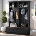 Merax Wood Hall Tree with 6 Hooks & Entryway Bench, Farmhouse Mudroom Versatile Coat Racks with 2 Large Drawers, Entrance Organizer for Hallway, Black
