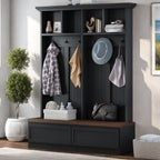 Merax Wood Hall Tree with 6 Hooks & Entryway Bench, Farmhouse Mudroom Versatile Coat Racks with 2 Large Drawers, Entrance Organizer for Hallway, Black