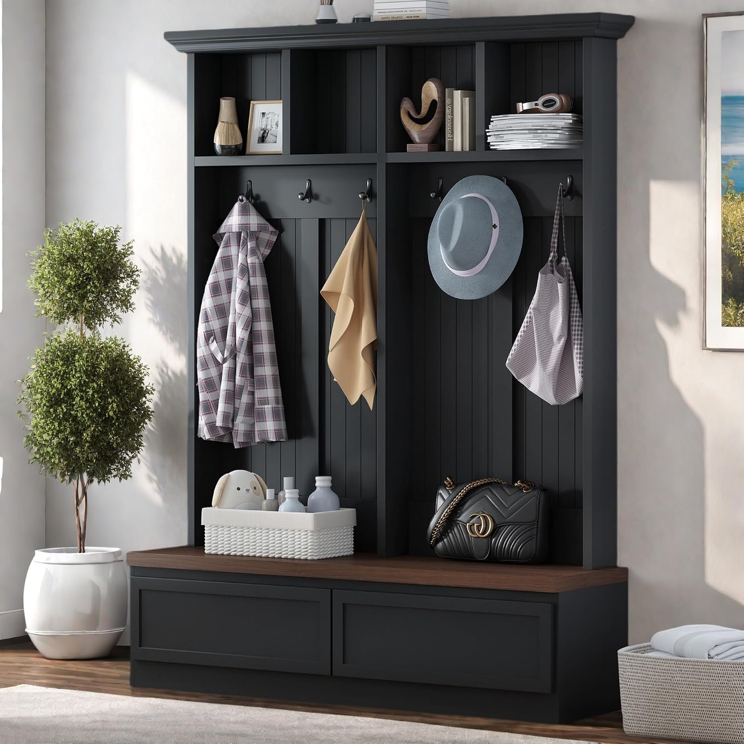 Merax Wood Hall Tree with 6 Hooks & Entryway Bench, Farmhouse Mudroom Versatile Coat Racks with 2 Large Drawers, Entrance Organizer for Hallway, Black