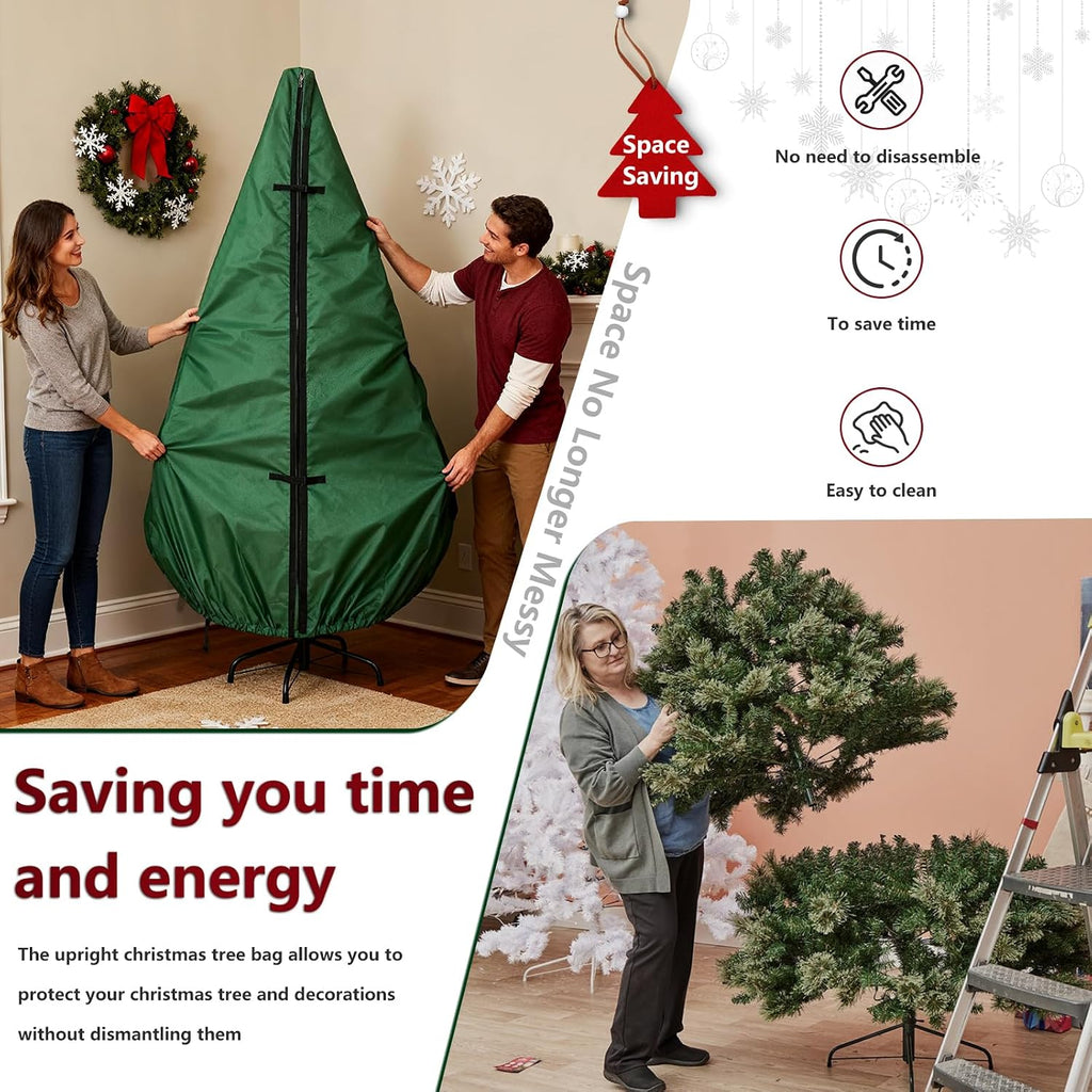 Upright Christmas Tree Storage Bag 7.5Ft,Christmas Tree Covers for Upright Storage for 7 Ft /7.5 Ft Artificial Christmas Trees with Ornaments,Equipped with Patented Support Rod Technology-Green