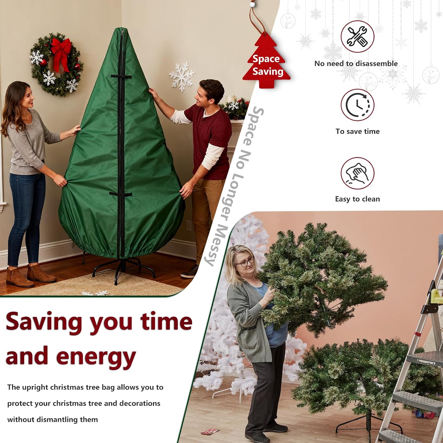 Upright Christmas Tree Storage Bag 7.5Ft,Christmas Tree Covers for Upright Storage for 7 Ft /7.5 Ft Artificial Christmas Trees with Ornaments,Equipped with Patented Support Rod Technology-Green