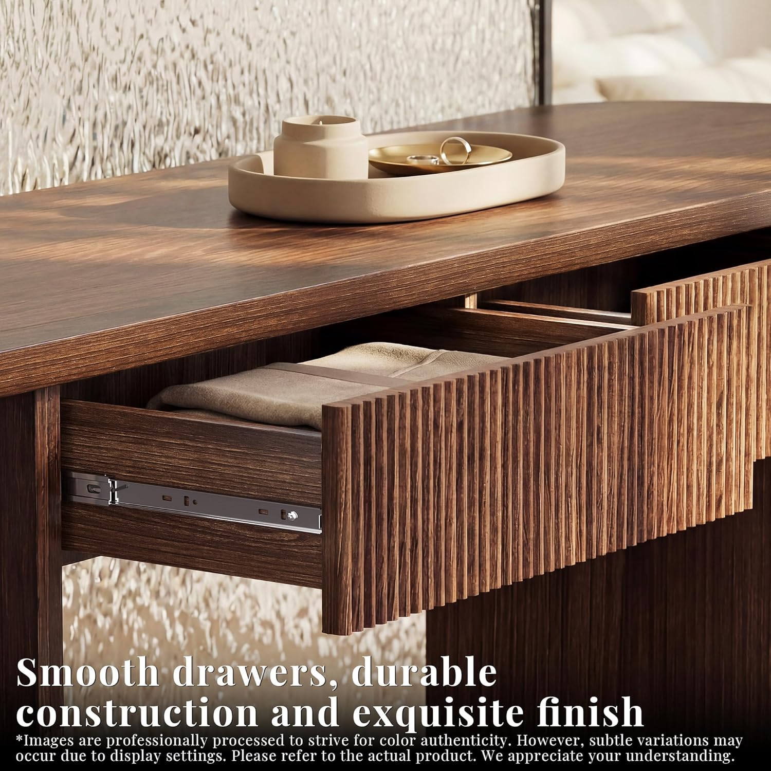 63 Inch Fluted Console Table with Drawers, Entryway Table with Storage, Modern Rounded Hallway Table for Narrow Spaces（Brown）