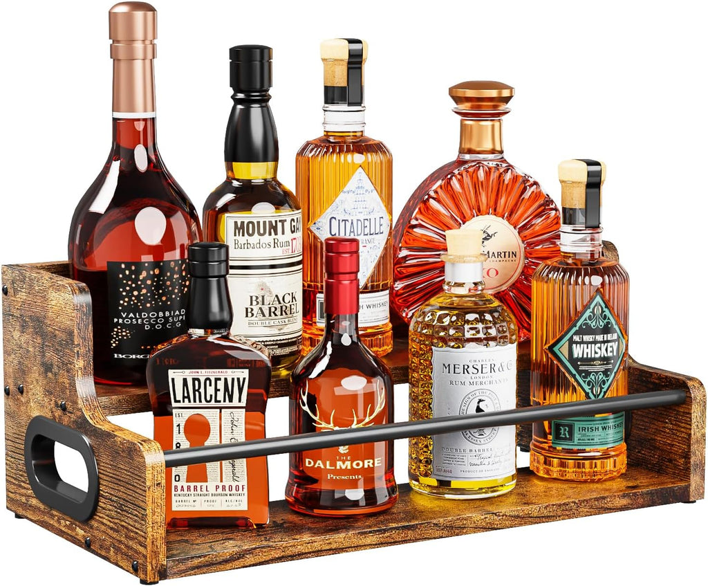 KLM Liquor Bottle Display Shelf, Coffee Syrup Rack Organizer, 2 Step Countertop Liquor Wine Rack, mini bar,Liquor Cabinet, Home Retro Bar Shelf Stand for Liquor Whiskey, Spirits, Brown