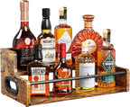 KLM Liquor Bottle Display Shelf, Coffee Syrup Rack Organizer, 2 Step Countertop Liquor Wine Rack, mini bar,Liquor Cabinet, Home Retro Bar Shelf Stand for Liquor Whiskey, Spirits, Brown