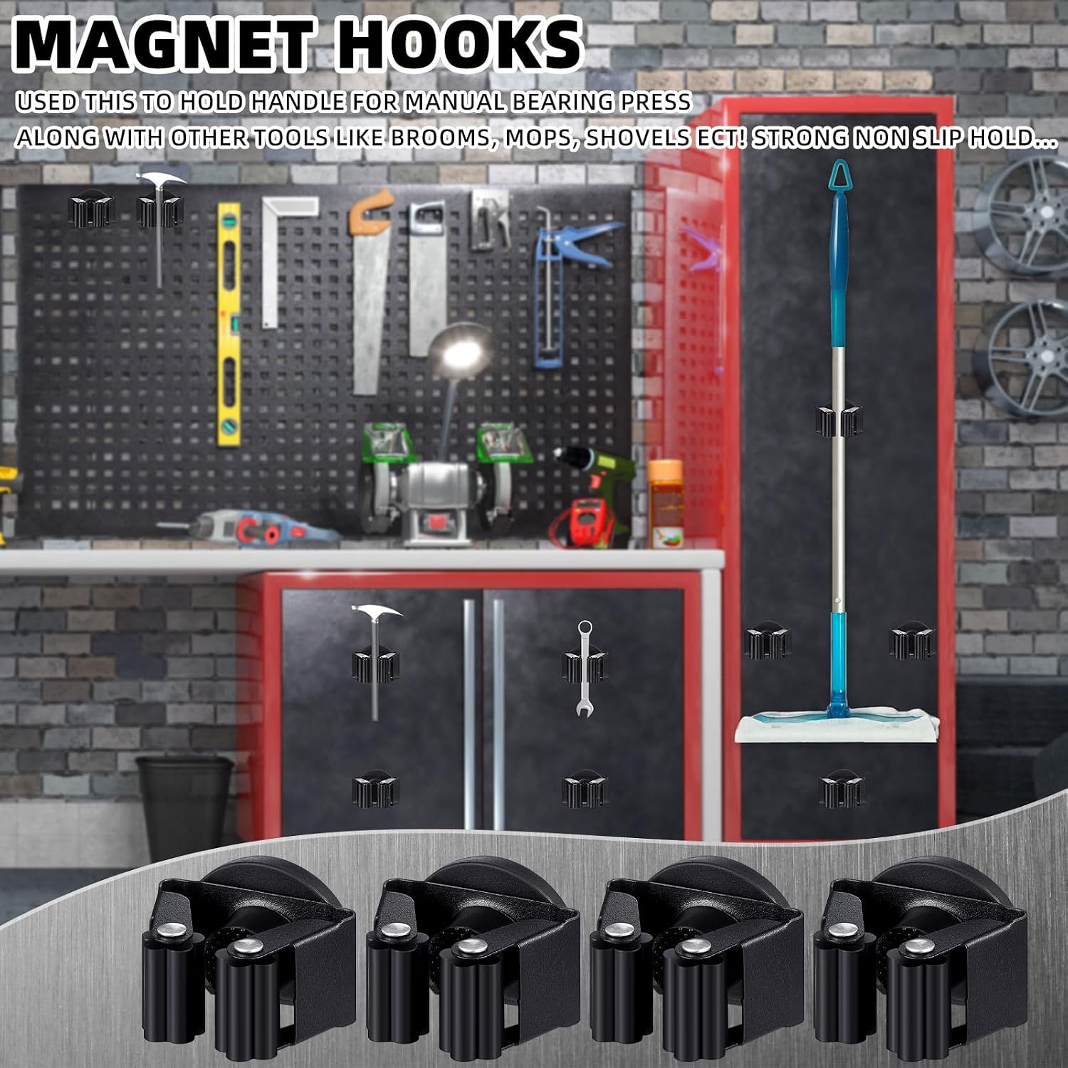 Vercraft 24 Pcs Magnetic Mop Broom Holder Movable Magnetic Broom Holder Rack, Anti Slip Wall Mounted Utility for Cleaning Tools, Garage, Kitchen, Laundry, Garden (Black)