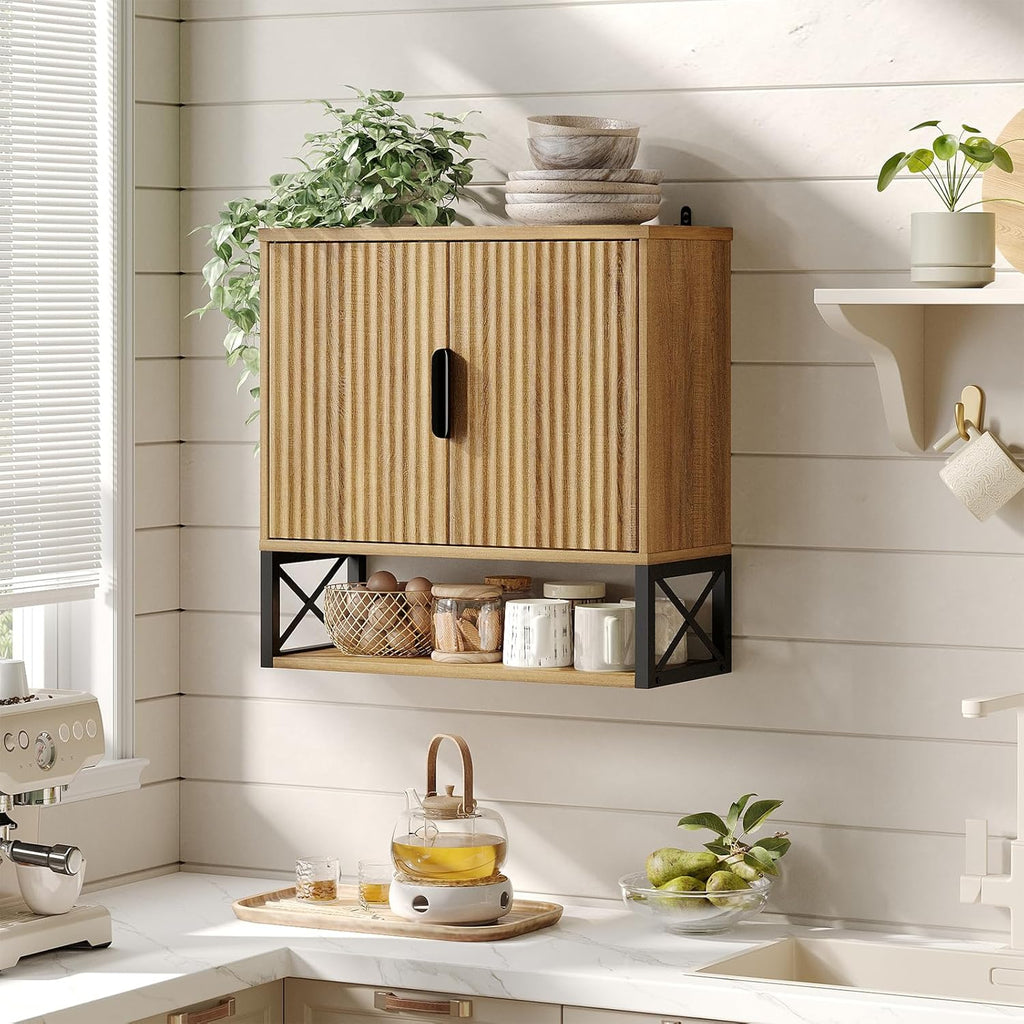 FiveWillowise Fluted Bathroom Wall Storage Cabinet with Open Shelf, Floating Wall Mounted Medicine Cabinet with Adjustable Shelves, Over The Toilet for Bathroom, Laundry Room, Kitchen, Natural Oak