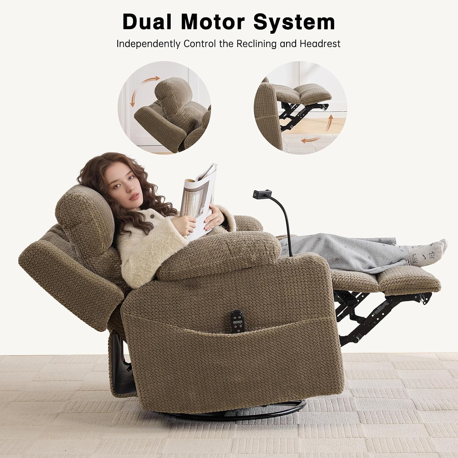 Power Swivel Rocker Recliner Chair with Massage & Heat, 26'' Oversized Glider Recliner Nursery Chair with Adjustable Headrest,Dual Motor Electric Recliner Chairs for Adults,Infinite Position,Camel