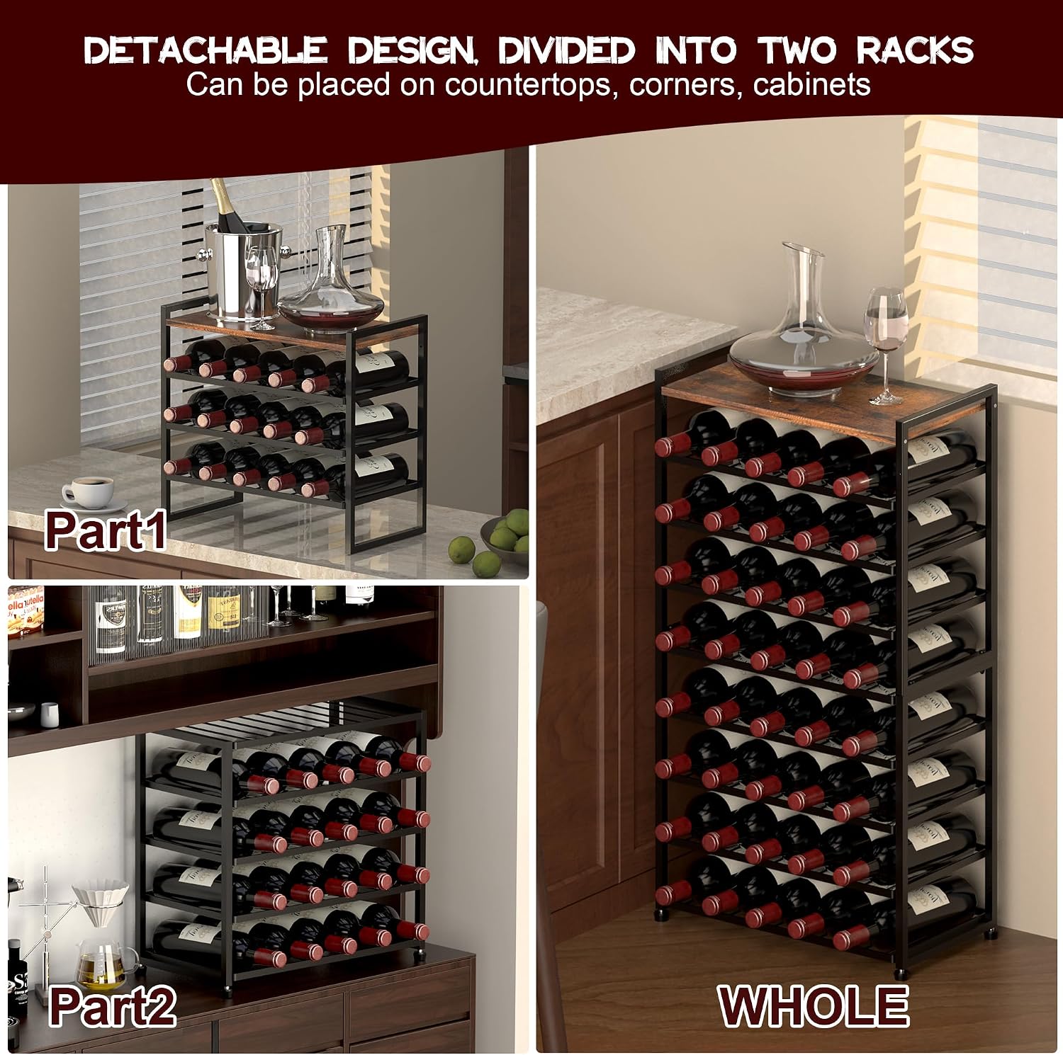 40 Bottle Wine Rack Freestanding Floor, 8-Tier Wine Storage Racks with Table Top, Detachable Wine Bottle Holder, Bar Stand Display Shelf for Kitchen, Bar, 18" L x 9.3" W x 33" H