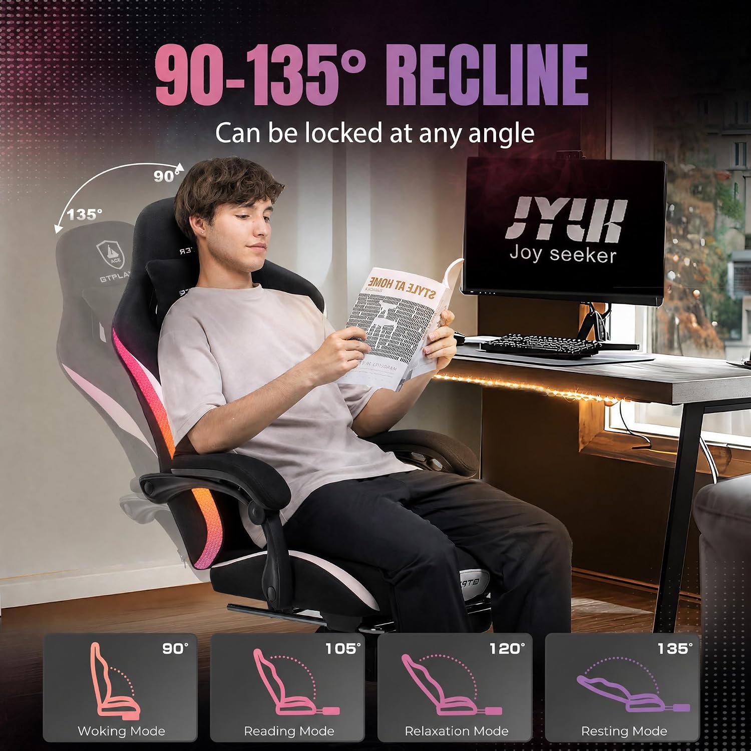 GTPLAYER RGB Gaming Chair with Footrest, LED Lights, Ergonomic Computer Chair with Linkage Armrest, Breathable Fabric for Home Office Desk - Video Game Chairs for Adults