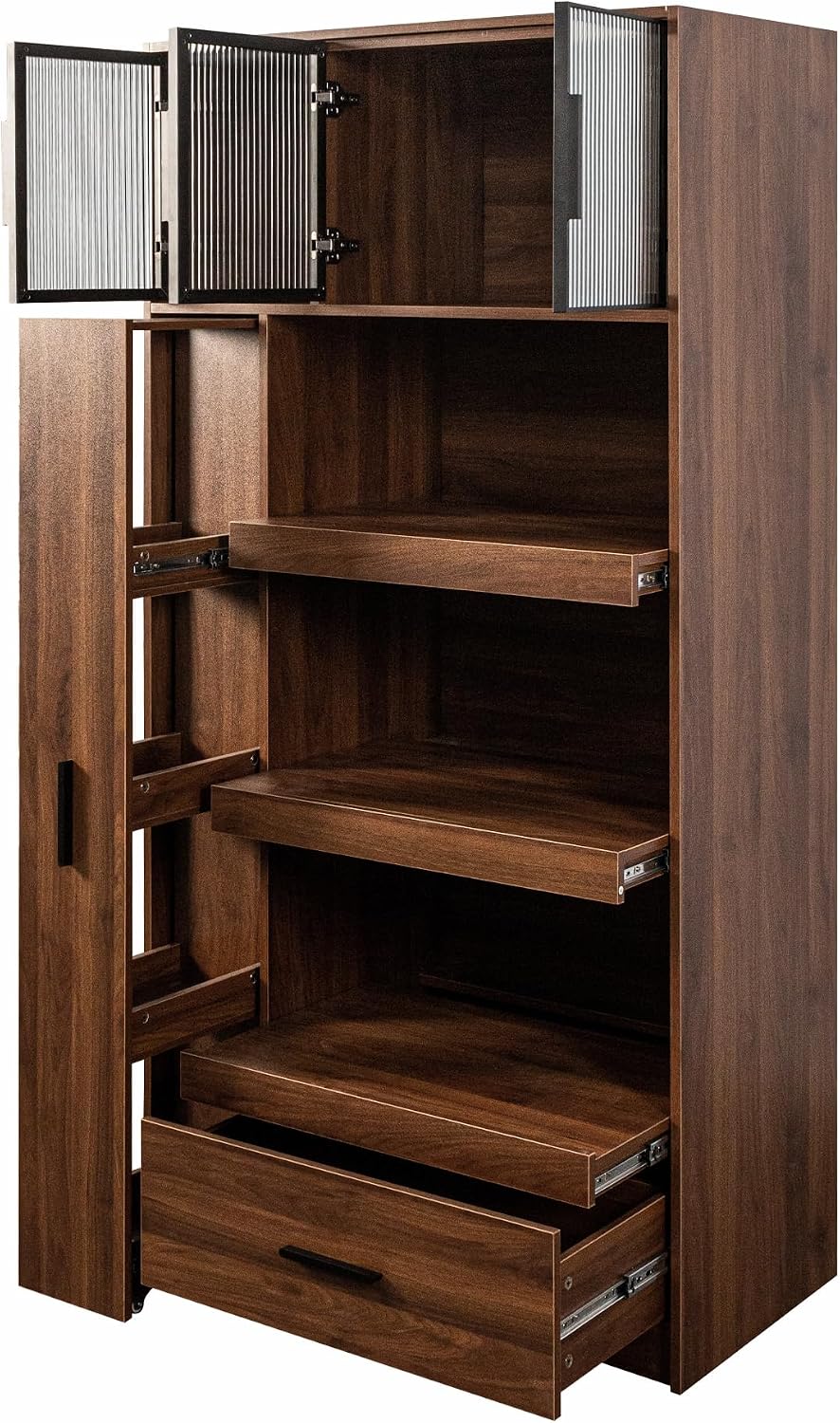 70.87" Tall Freestanding Kitchen Pantry Cabinet – Multi-Tier Pull-Out Shelf, 1 Drawer, Aluminum-Frame Glass Door & Microwave Stand