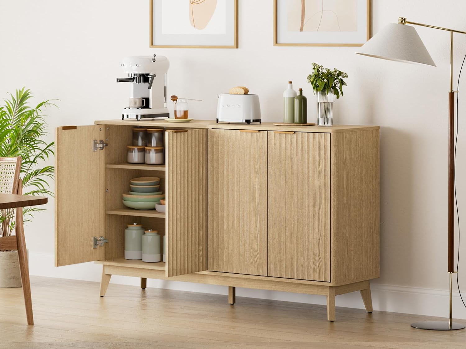 Sideboard Cabinet, 55'' Buffet Cabinet, Modern Fluted Storage Cabinet with Adjustable Shelf & Doors, Accent Credenza Sideboard for Kitchen, Coffee Bar, Living Room, Entryway, Hallway