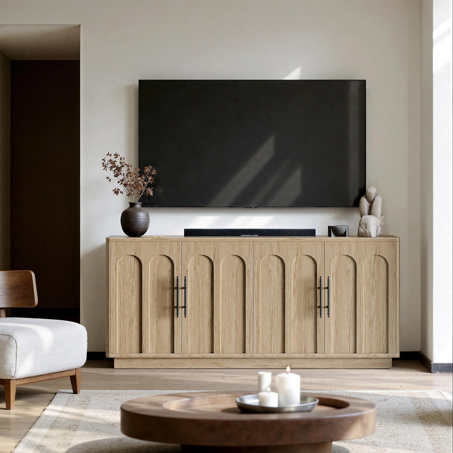 Evermagin 67" Arched Oak Sideboard Buffet Cabinet with Storage | Mid-century modern wood sideboard, large credenza with 4 doors for kitchen or living room, 67"W x 31.5"H x 15.7"D