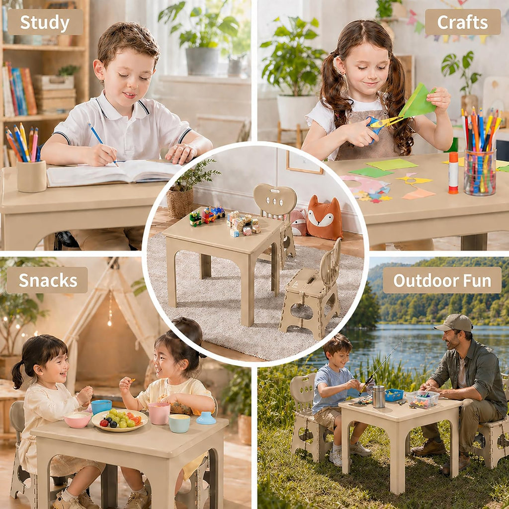 UNICOO Foldable Kids Table and 2 Chairs Set, Portable Height Adjustable Toddler Activity Table, Indoor Outdoor Folding Table Set for Study, Crafts, Snack, Picnic, Playroom and Patio